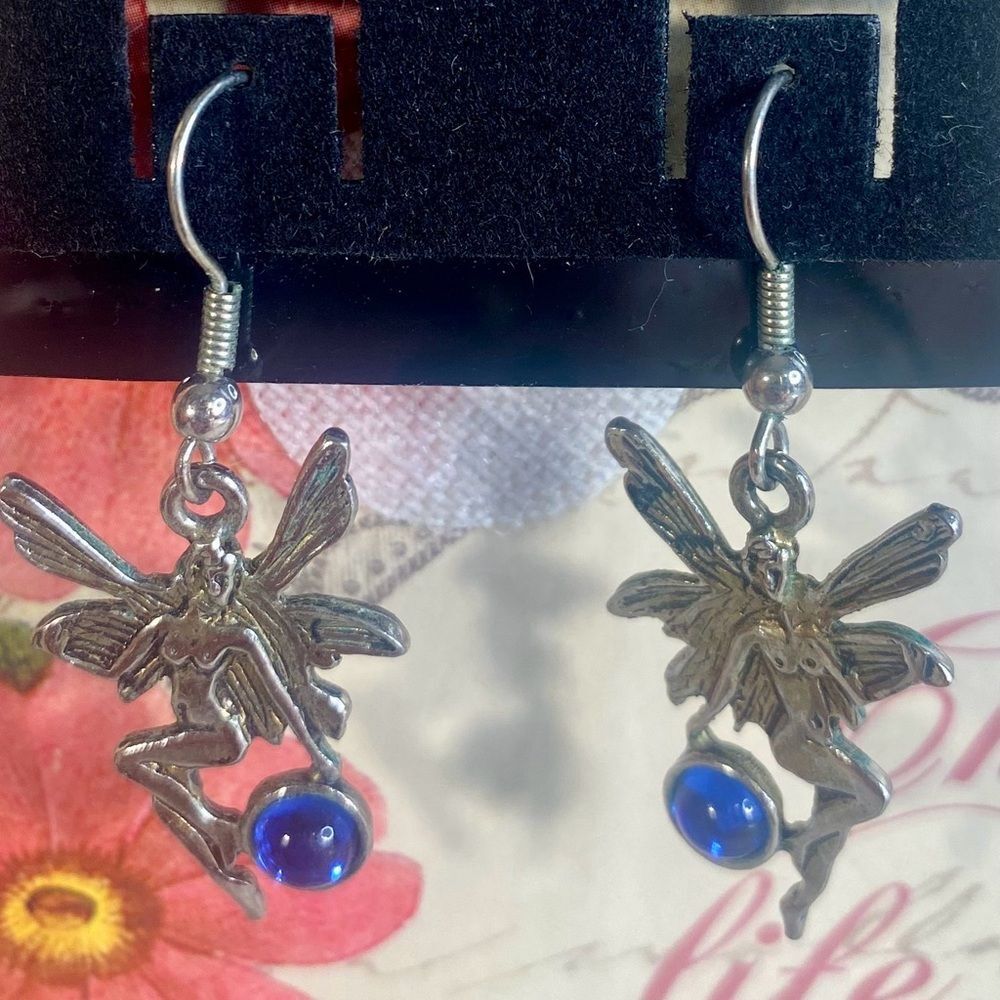 Silver Fairy Earrings with Blue Beaded Accents Dangle Style Whimsical Jewelry